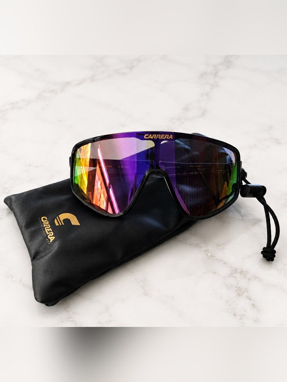 Carrera Black Frame Sunglasses with Mirrored Purple-Green Lens